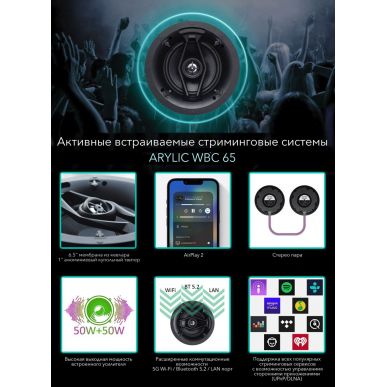 Активная встраиваемая (Master АС + Slave АС) мультирум акустическая система с WiFi & Bluetooth Arylic WBC65